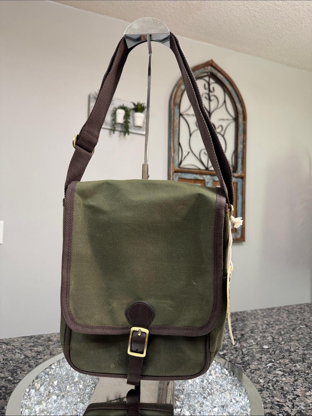 Backpacker field nomad Olive Canvas Messenger Bag with Brown Trim and Buckle NWT